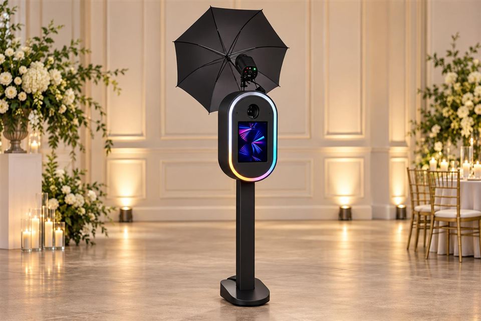 Black photo booth and umbrella · equipment reference