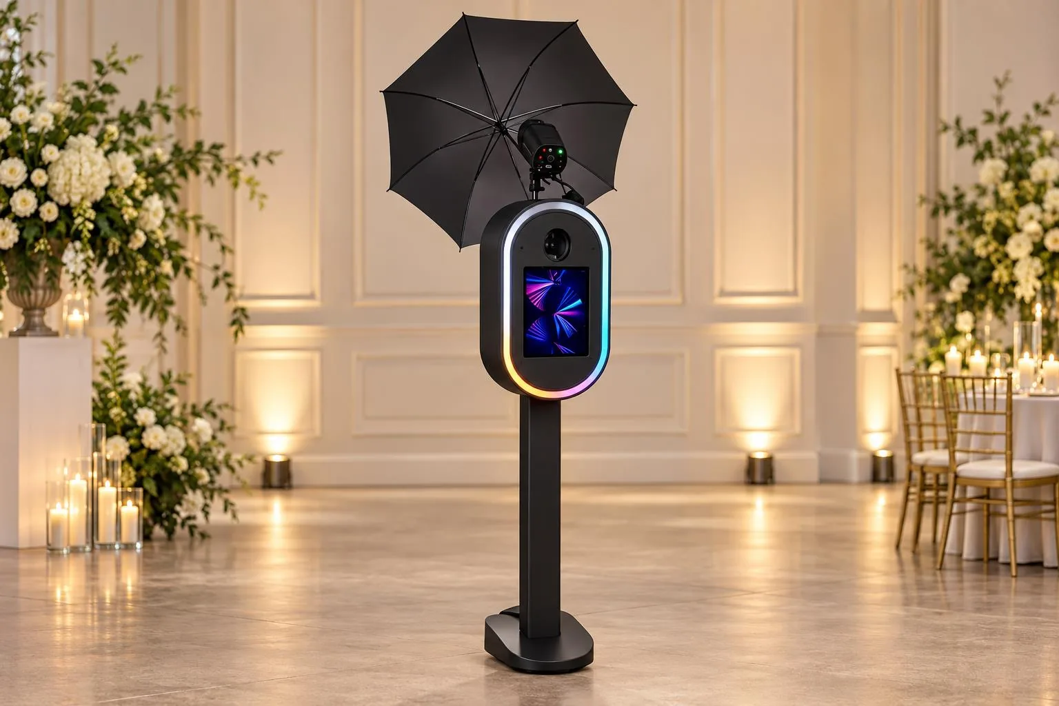 Black photo booth with black umbrella
