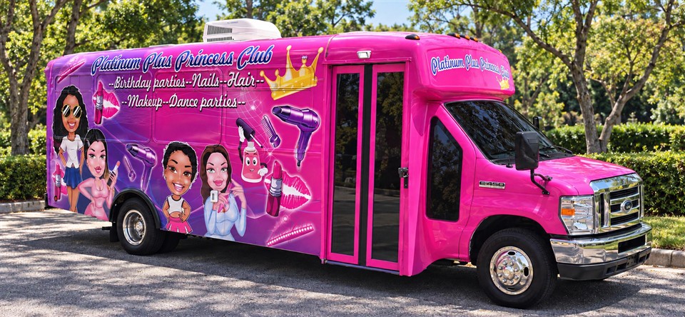 Pink Platinum Plus Glam Party Bus with tinted windows