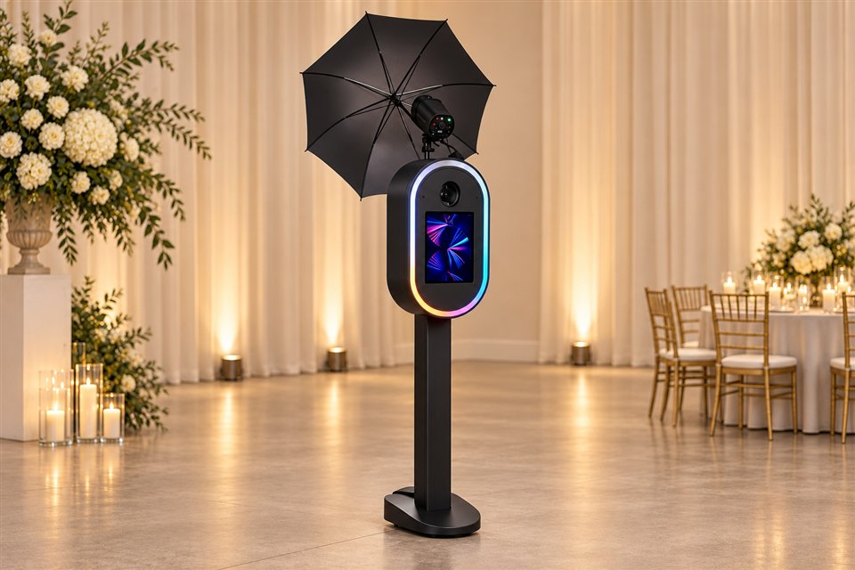 AI illustration of a black oval photo booth with umbrella lighting