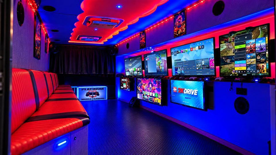 Illustration of the gaming lounge with colorful lighting
